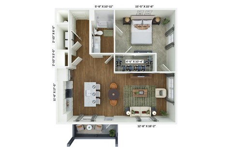 a stylized floor plan with a bedroom and a living room